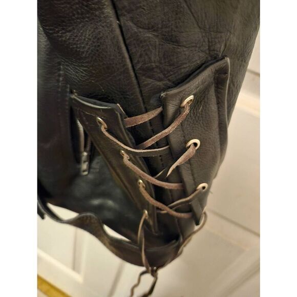 Biker Vest Leather Harley-Davidson Decals. Sides Have Leather  Adjustable  Ties - Picture 3 of 4